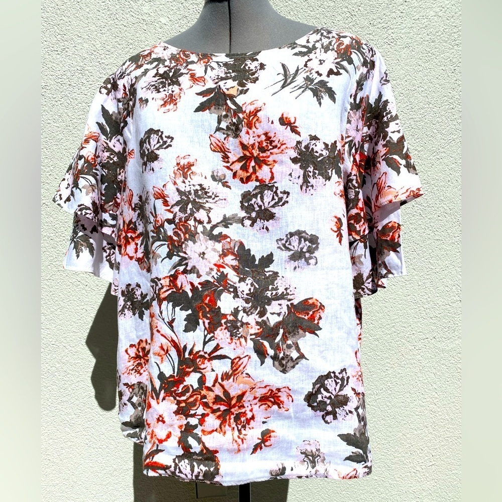 100% Linen Floral Round Neck & Tiered half sleeve Women’s Top/Pullover Large
